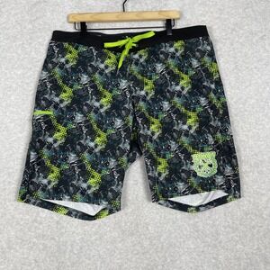 Dixxon Board Shorts Mens 38 Black Green Graphic‎ Hot Rod Swim Trunks Surf Beach